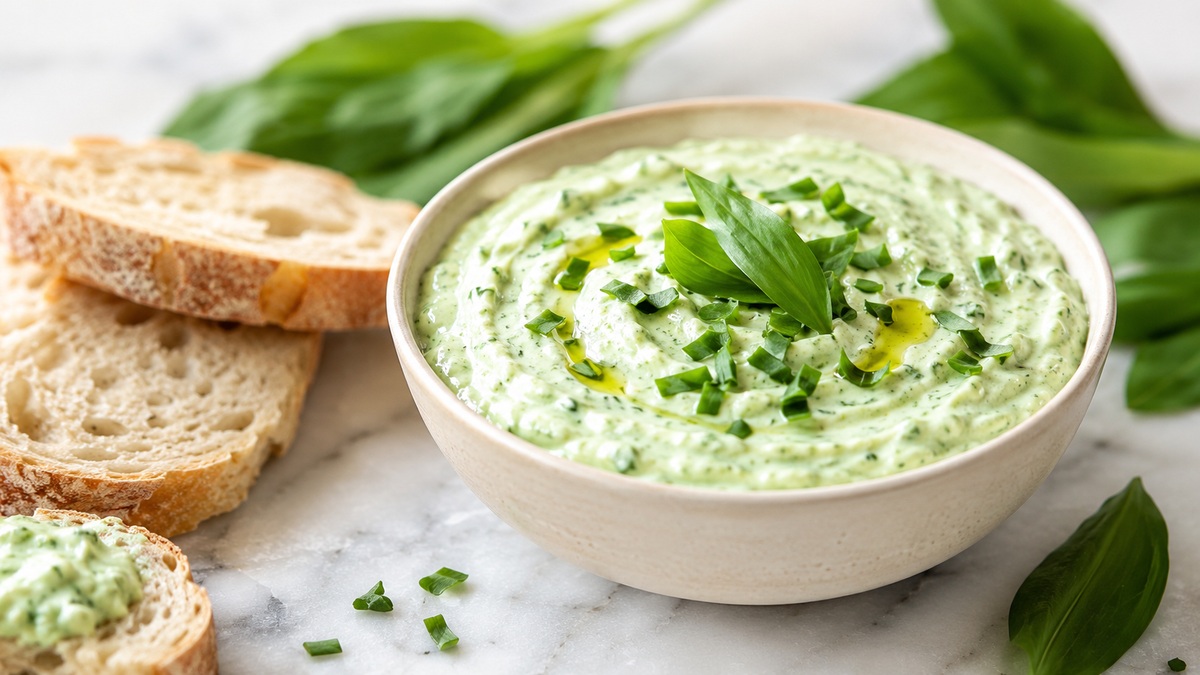Bärlauch-Dip cremig und frisch serviert als einfacher Frühlingsdip in 10 Minuten