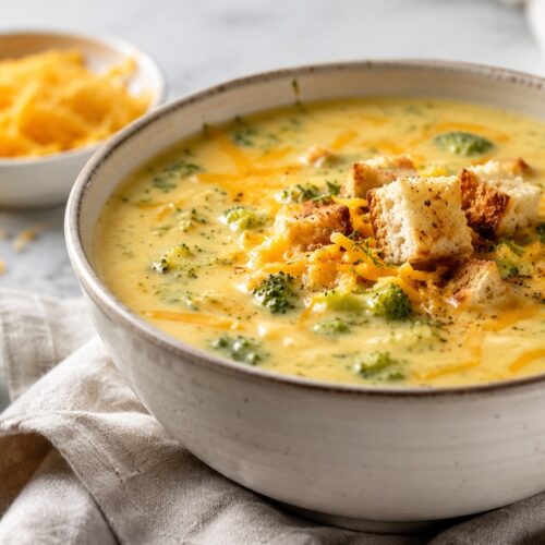 Brokkoli-Cheddar-Suppe cremig serviert mit extra Käse und Croutons