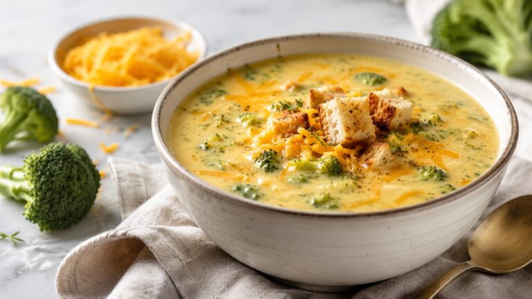 Brokkoli-Cheddar-Suppe cremig serviert mit extra Käse und Croutons