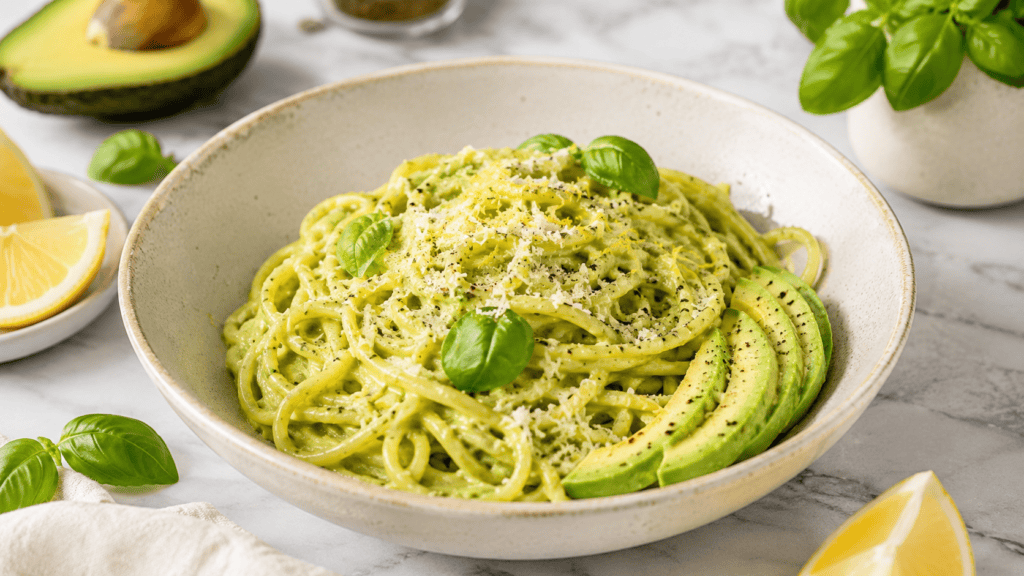 Avocadopastasauce mit Pasta cremig und frisch serviert