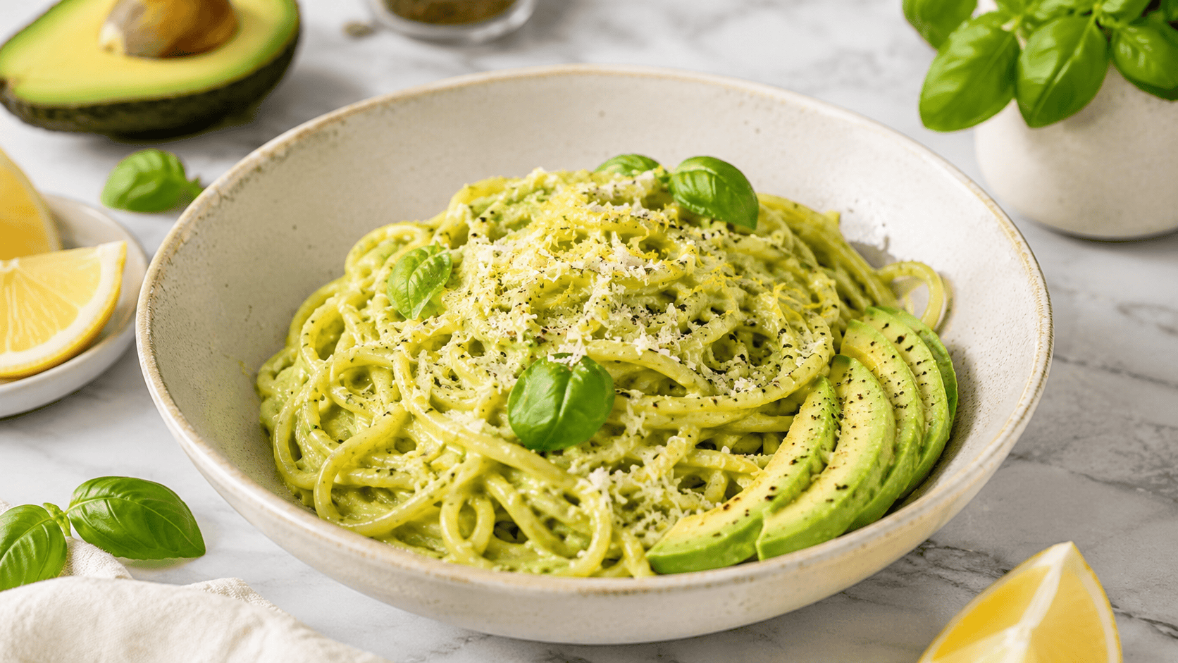 Avocadopastasauce mit Pasta cremig und frisch serviert