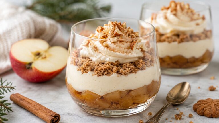 Bratapfel-Dessert im Glas mit Zimtäpfeln Creme und Keksbröseln