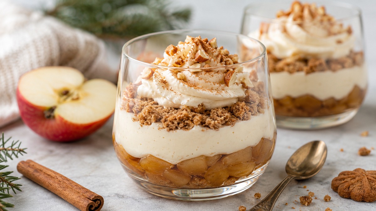 Bratapfel-Dessert im Glas mit Zimtäpfeln Creme und Keksbröseln
