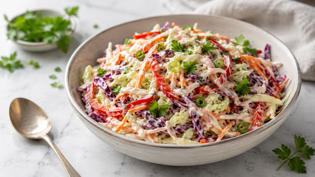 Bunter Coleslaw-Salat mit knackigem Kohl Möhren und cremigem Dressing