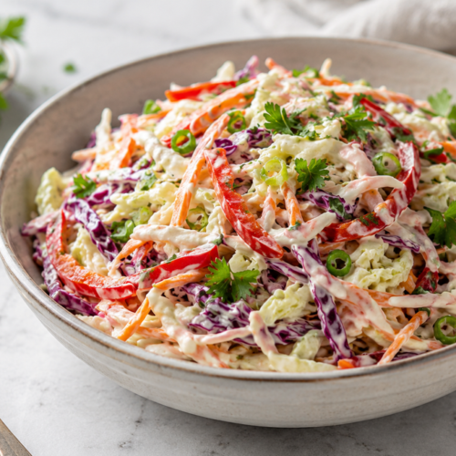 Bunter Coleslaw-Salat mit knackigem Kohl Möhren und cremigem Dressing