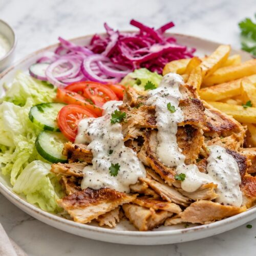 Dönerteller mit würzigem Fleisch, Pommes, frischem Salat und cremiger Joghurt-Knoblauch-Sauce
