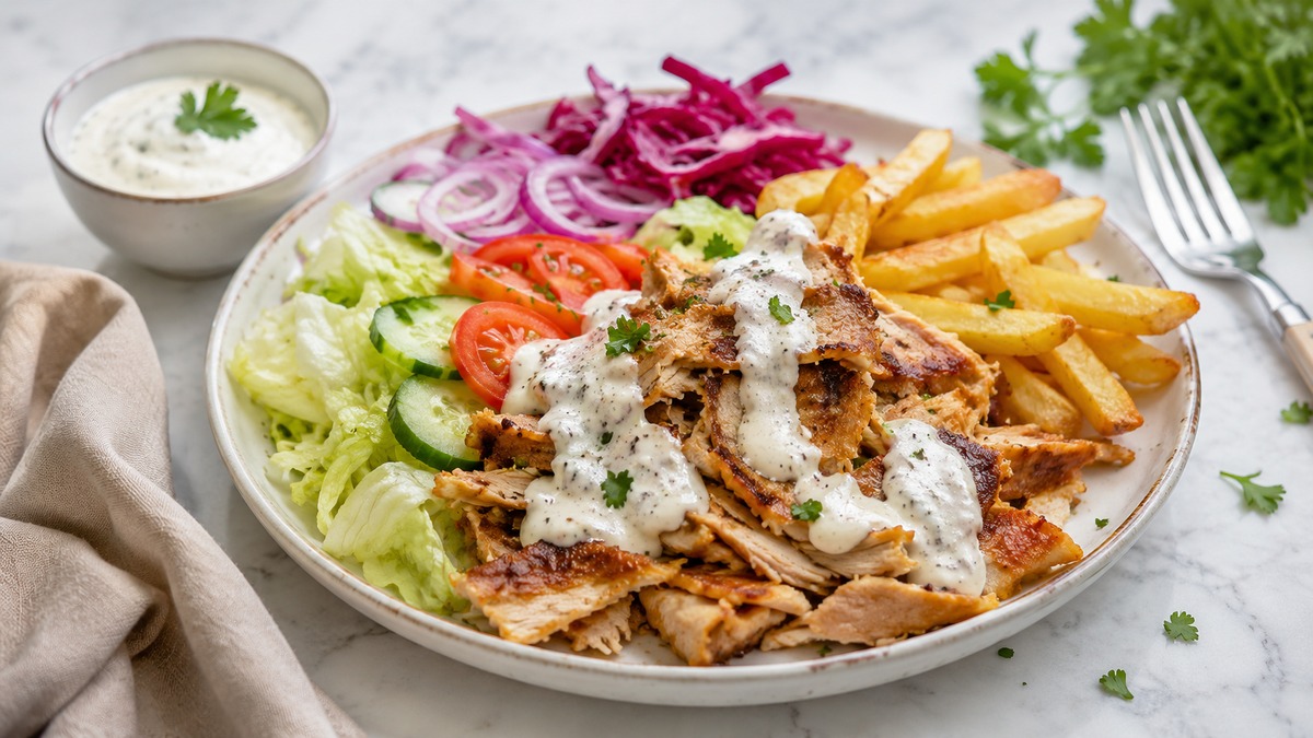 Dönerteller mit würzigem Fleisch, Pommes, frischem Salat und cremiger Joghurt-Knoblauch-Sauce