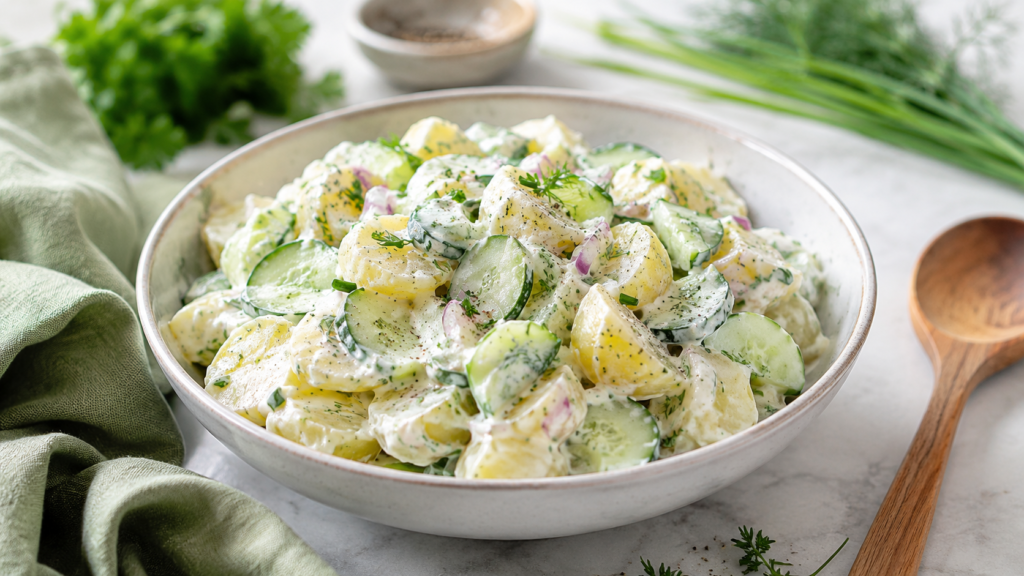 Kartoffelsalat mit Joghurt und Gurke in einer Schüssel