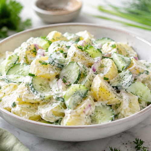 Kartoffelsalat mit Joghurt und Gurke in einer Schüssel