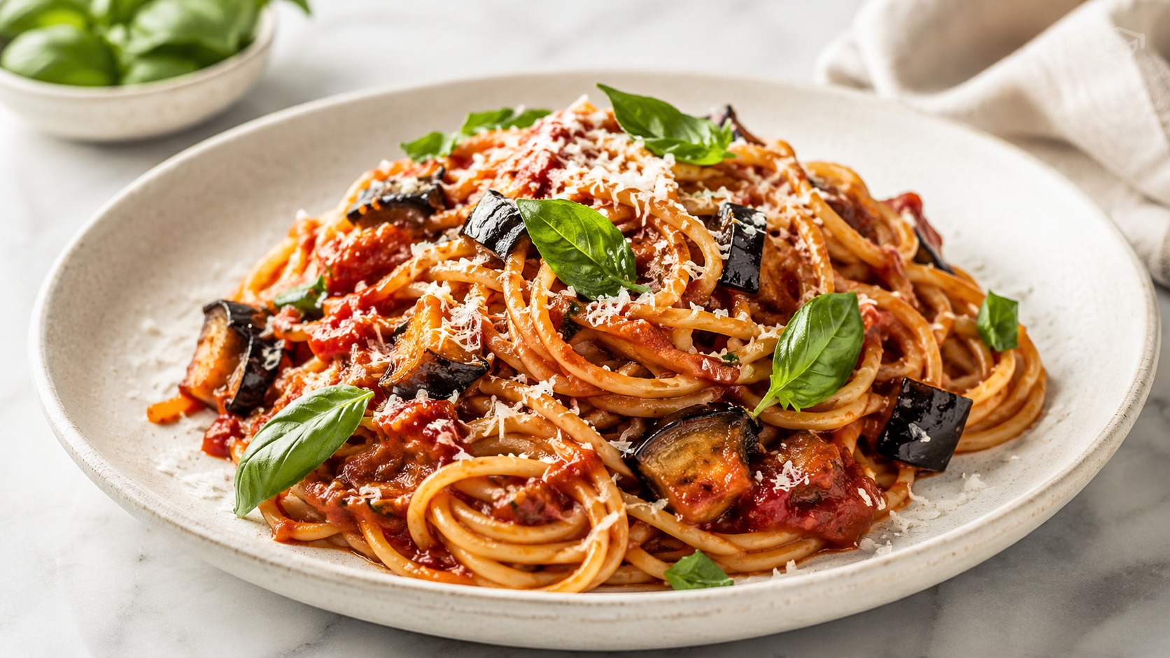 Spaghetti alla Norma mit Auberginen, Tomatensauce und Basilikum auf einem hellen Teller
