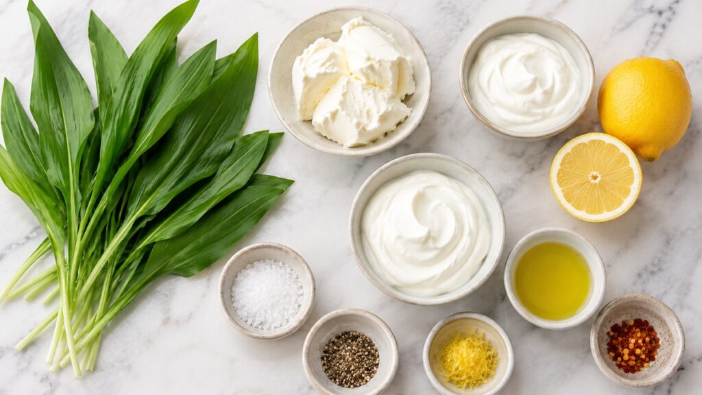 Zutaten für Bärlauch-Dip mit frischem Bärlauch Frischkäse Schmand Joghurt und Zitrone