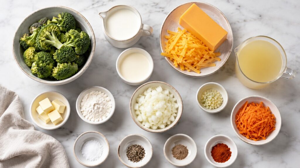 Zutaten für Brokkoli-Cheddar-Suppe mit Brokkoli Cheddar Sahne Milch und Gewürzen