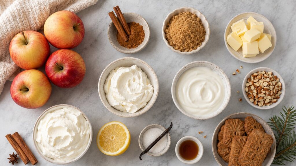 Zutaten für Bratapfel-Dessert im Glas mit Äpfeln Zimt Creme Keksen und Mandeln