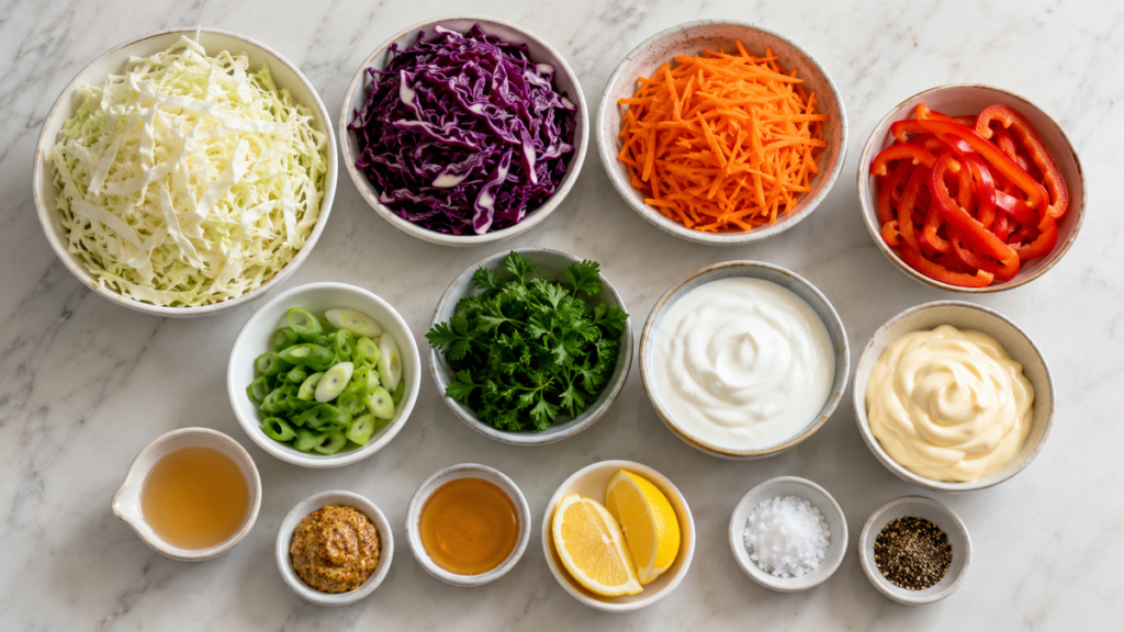 Zutaten für Bunter Coleslaw-Salat mit Weißkohl Rotkohl Möhren Paprika und Dressing
