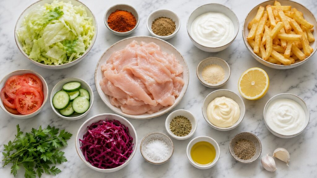 Zutaten für Dönerteller mit Fleisch, Pommes, Salat, Gemüse, Gewürzen und Joghurtsoße