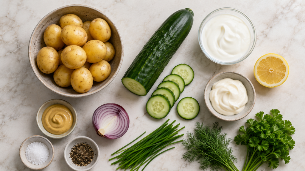 Zutaten für Kartoffelsalat mit Joghurt und Gurke