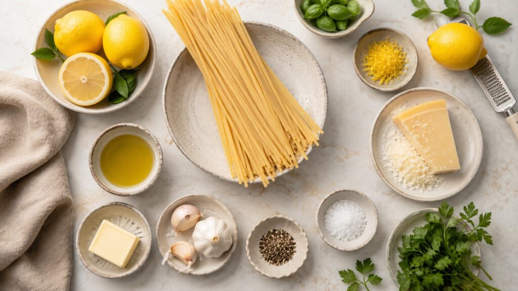 Zutaten für Pasta al Limone mit Zitronen Parmesan Butter und Spaghetti