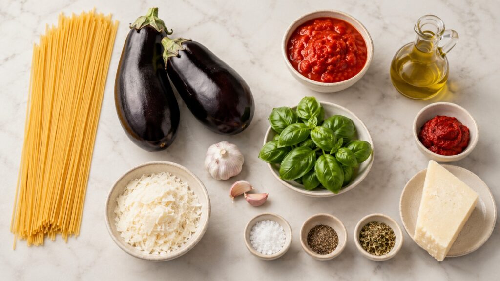 Zutaten für Spaghetti alla Norma mit Auberginen, Tomaten, Spaghetti, Basilikum und Käse