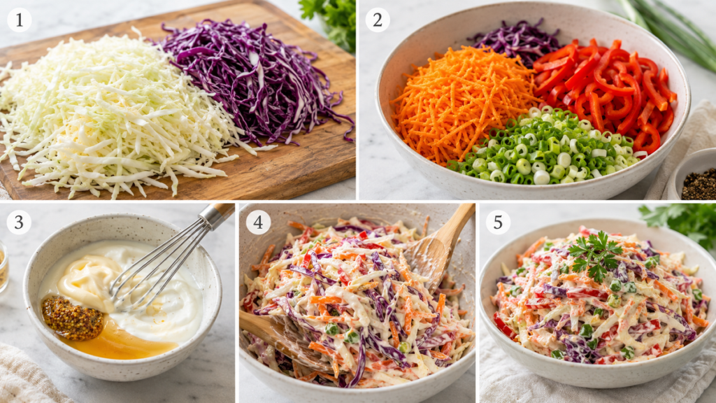 Bunter Coleslaw-Salat Schritt für Schritt zubereiten mit Gemüse und cremigem Dressing