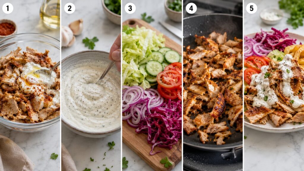 Dönerteller Zubereitung Schritt für Schritt mit Fleisch, Sauce, Salat, Pfanne und fertigem Teller