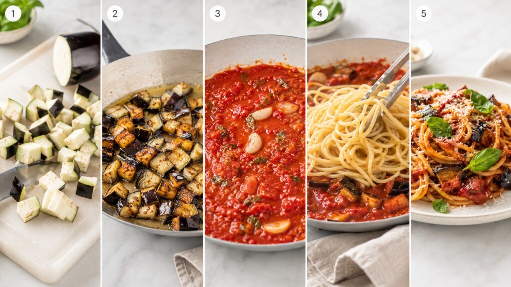 Spaghetti alla Norma Schritt für Schritt mit Auberginen, Tomatensauce und Pasta