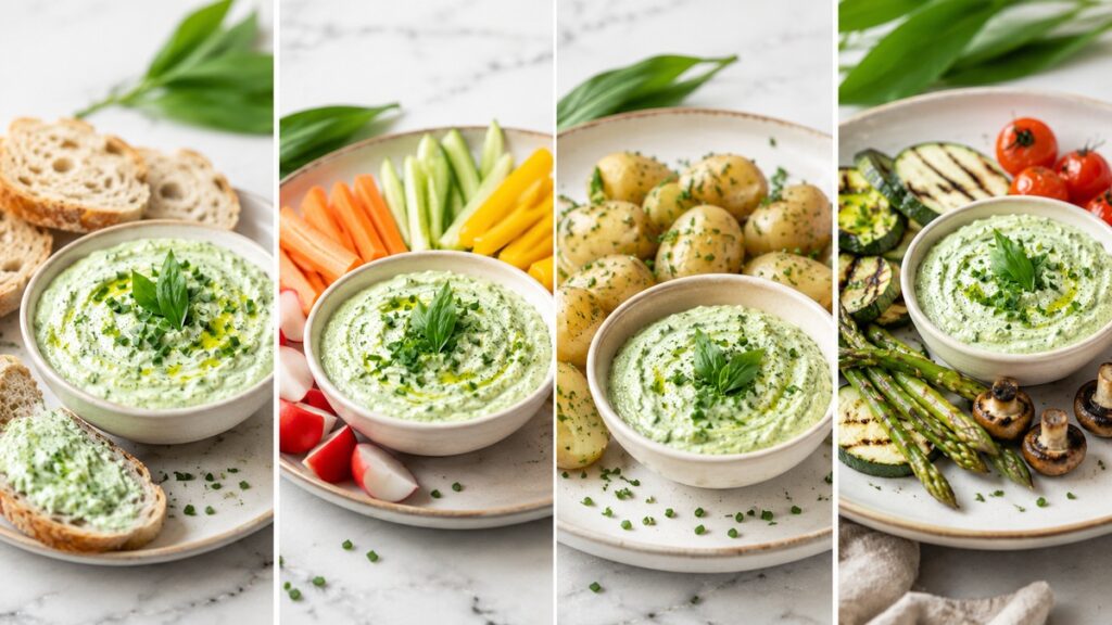 Bärlauch-Dip serviert mit Brot Gemüse Kartoffeln und Grillgerichten