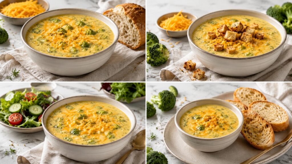 Brokkoli-Cheddar-Suppe serviert mit Brot Croutons Salat und extra Cheddar