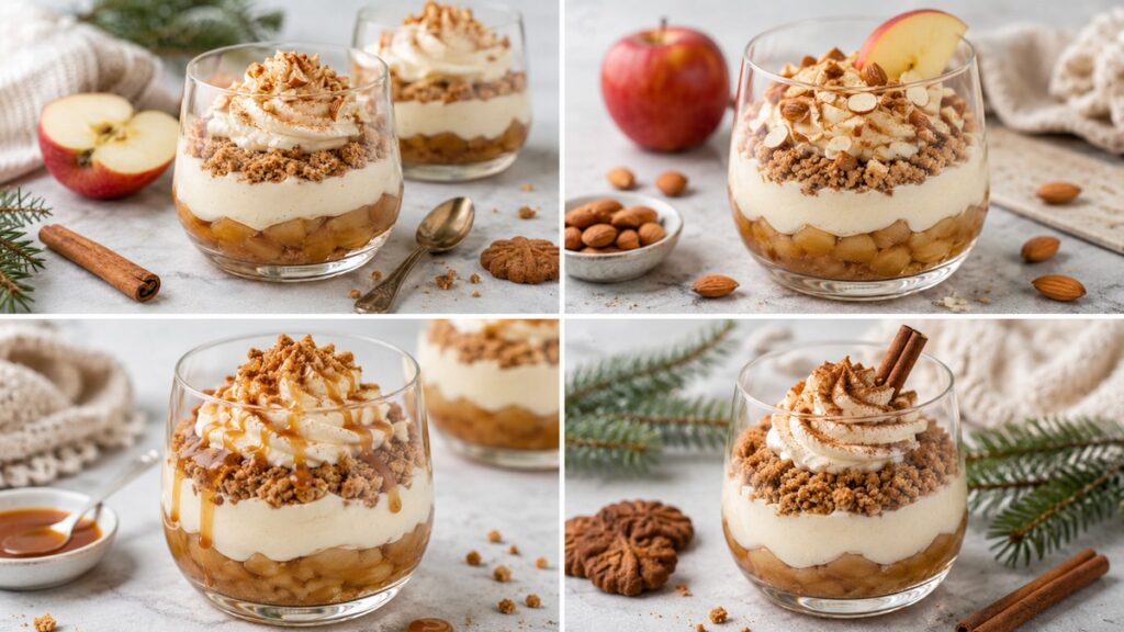 Bratapfel-Dessert im Glas servieren mit Zimt Mandeln Karamell und Spekulatius