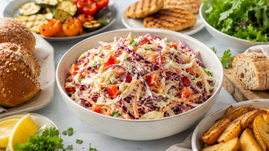 Bunter Coleslaw-Salat serviert mit Burgern Grillgemüse Brot und frischen Kräutern