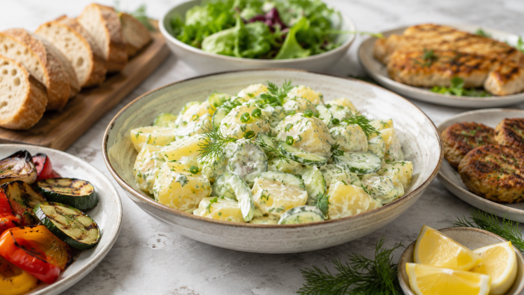 Servierideen für Kartoffelsalat mit Joghurt und Gurke