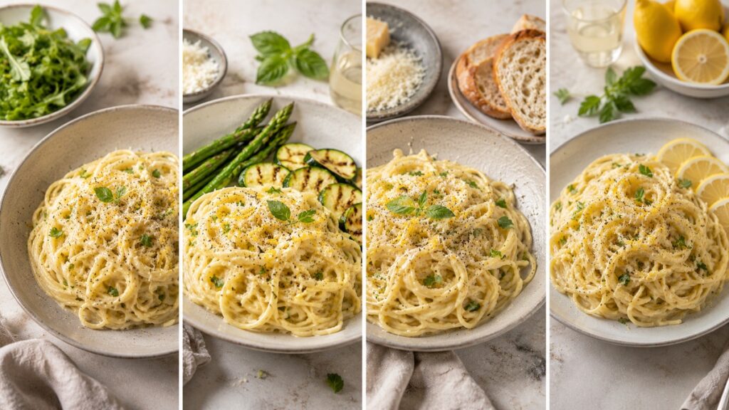 Servierideen für Pasta al Limone mit Salat Brot und Gemüse