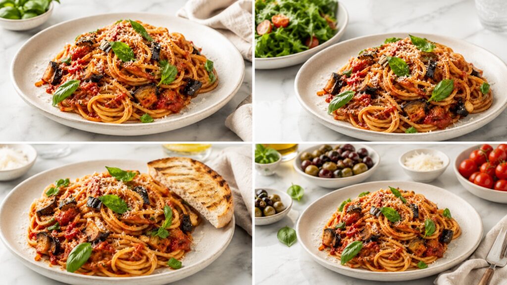 Servierideen für Spaghetti alla Norma mit Salat, Brot und mediterranen Beilagen