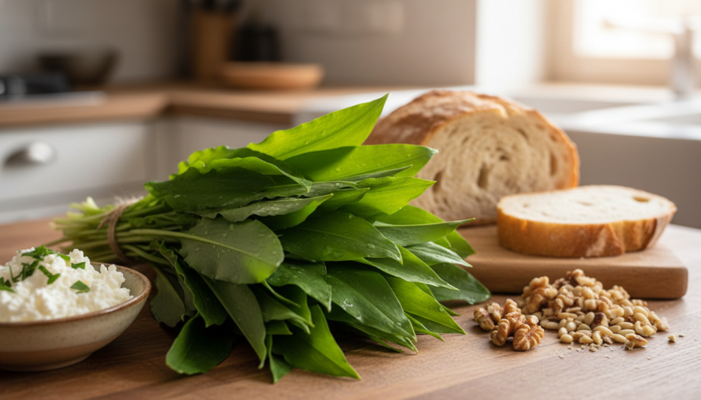 A vibrant, high-quality image of fresh wild garlic (Bärlauch) prominently displayed in the foreground, with its lush green leaves glistening as if freshly picked. Surround the wild garlic with a variety of ingredients commonly used in spring recipes, such as a bowl of creamy cheese, chopped nuts, and slices of rustic bread. In the middle background, a softly blurred wooden kitchen countertop hints at a clean and organized kitchen setting, illuminated by warm, natural light coming from a nearby window, enhancing the freshness of the ingredients. The mood is inviting and cheerful, evoking the essence of spring and the culinary delights that Bärlauch brings to the table. Use a shallow depth of field to draw focus to the wild garlic and its vibrant colors.
