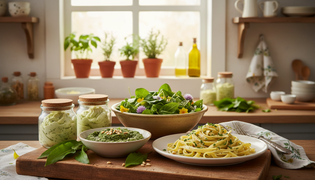 A beautifully styled kitchen scene showcasing a selection of vibrant Bärlauch dishes, emphasizing the fresh, green leaves typical of the spring season. In the foreground, a wooden cutting board displays a Bärlauch pesto, garnished with pine nuts and drizzled with olive oil, alongside a plate of pasta sprinkled with Bärlauch leaves. In the middle, there are jars filled with homemade Bärlauch butter, and a rustic bowl of mixed salad featuring Bärlauch and seasonal flowers. The background features a sunlit kitchen with herbs on the windowsill, soft focus on natural textures. The overall atmosphere is fresh, inviting, and crisp, reflecting the essence of springtime cooking with natural light illuminating the scene.