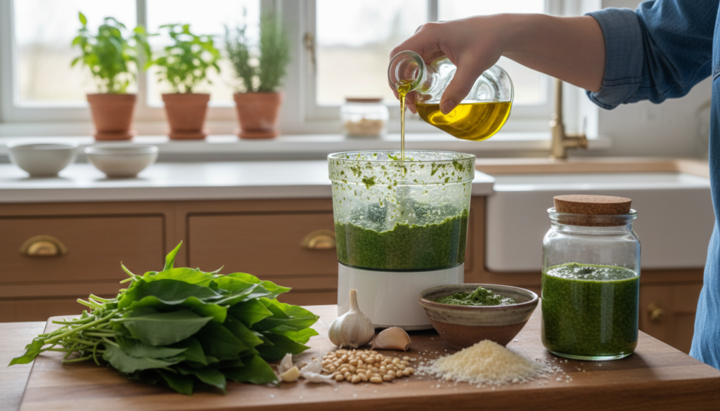A beautifully arranged kitchen scene capturing the process of making Bärlauch pesto. In the foreground, a wooden cutting board filled with fresh Bärlauch leaves, garlic cloves, pine nuts, and grated Parmesan cheese, alongside a small bowl of vibrant green pesto. A clear glass jar filled with finished pesto stands prominently. In the middle ground, a food processor is being used, with a person in modest casual clothing pouring olive oil into it, showcasing the mixing process. The background features soft, natural light filtering through a window, illuminating a clean, tidy kitchen with wooden cabinets and herbs on the windowsill, evoking a fresh and inviting spring atmosphere. The focus is sharp on the food elements, creating an appetizing and engaging composition.