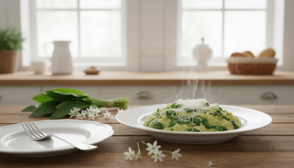 A beautifully presented plate of Bärlauch Risotto, showcasing creamy, fragrant rice with vibrant green wild garlic leaves mixed in, topped with a sprinkle of grated Parmesan cheese. In the foreground, delicate white porcelain dish with a fork resting beside it. The middle ground features a rustic wooden table adorned with a small bunch of fresh Bärlauch leaves and a few garlic flowers for visual appeal. The background is a clean, sunlit kitchen setting with soft natural light illuminating the dish, emphasizing the freshness of the ingredients. The atmosphere is inviting and spring-like, evoking a sense of home-cooked warmth and seasonal delight.
