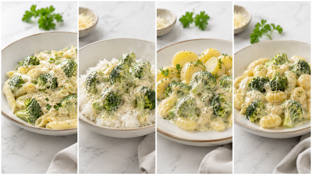 Servierideen für Brokkoli Sahne Soße mit Pasta Reis Kartoffeln und Gnocchi