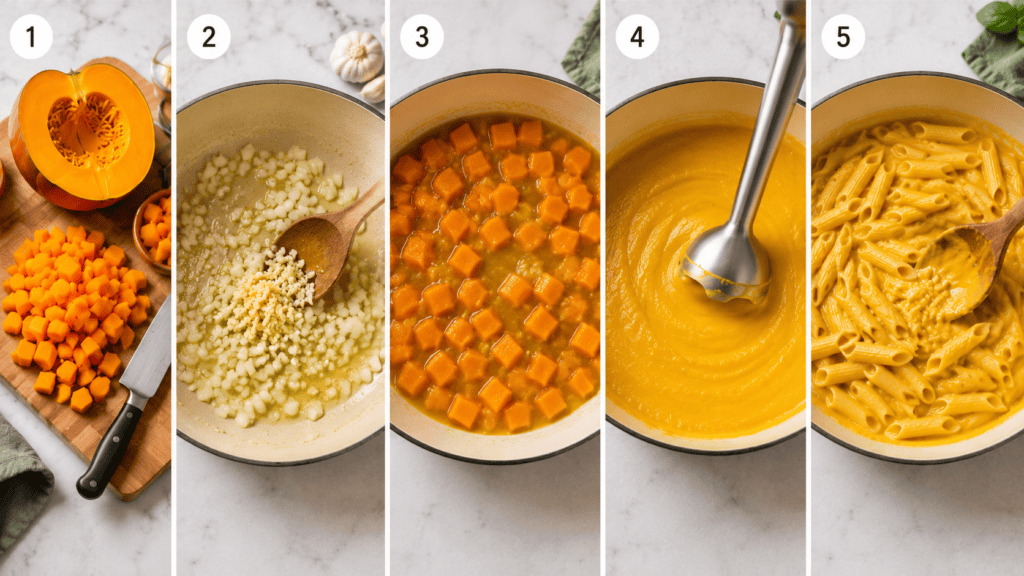 Kürbissauce Pasta Schritt für Schritt zubereiten
