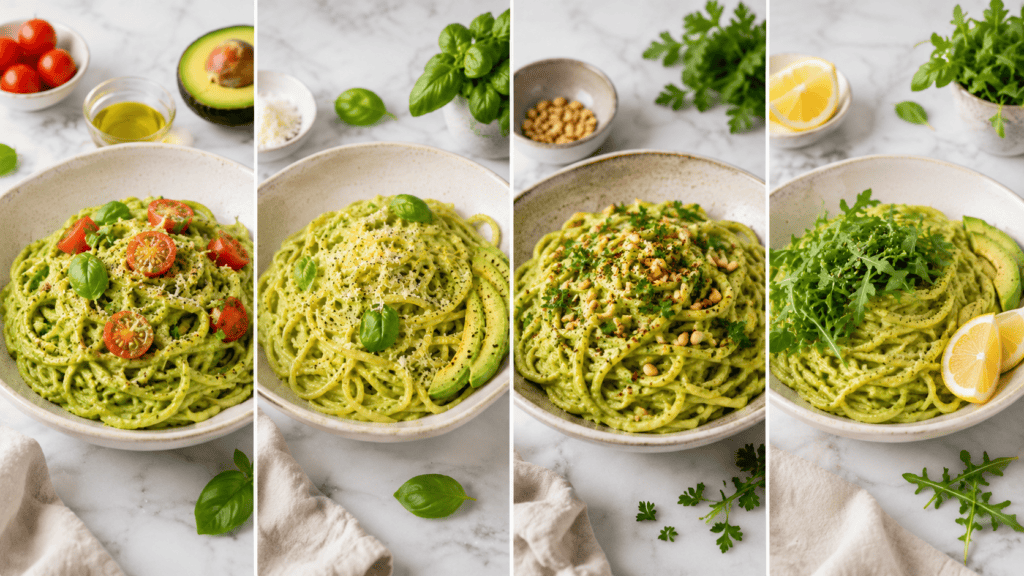 Servierideen für Avocadopastasauce mit Pasta Tomaten Kräutern und Parmesan