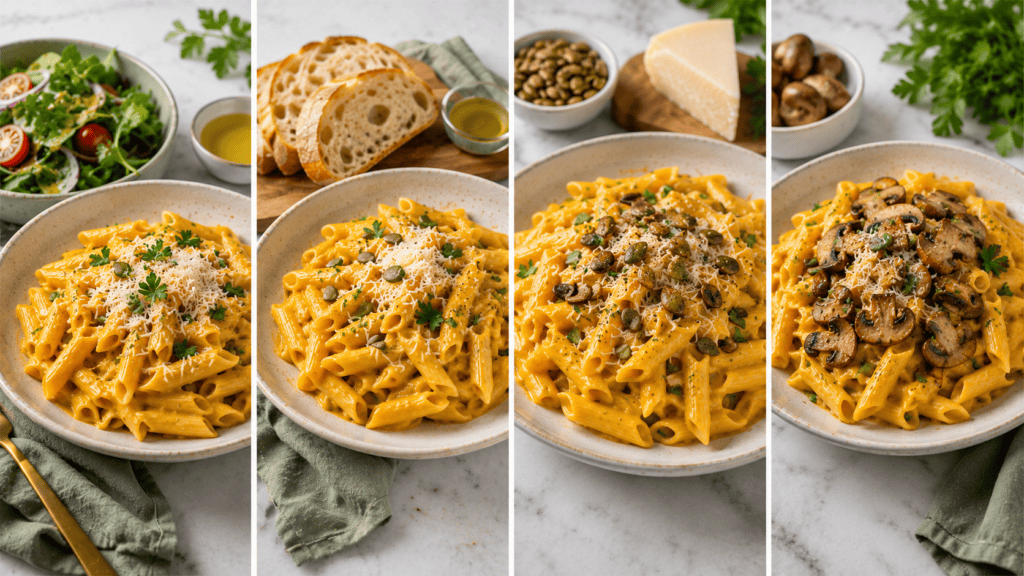 Servierideen für Kürbissauce Pasta mit Salat Brot und Toppings