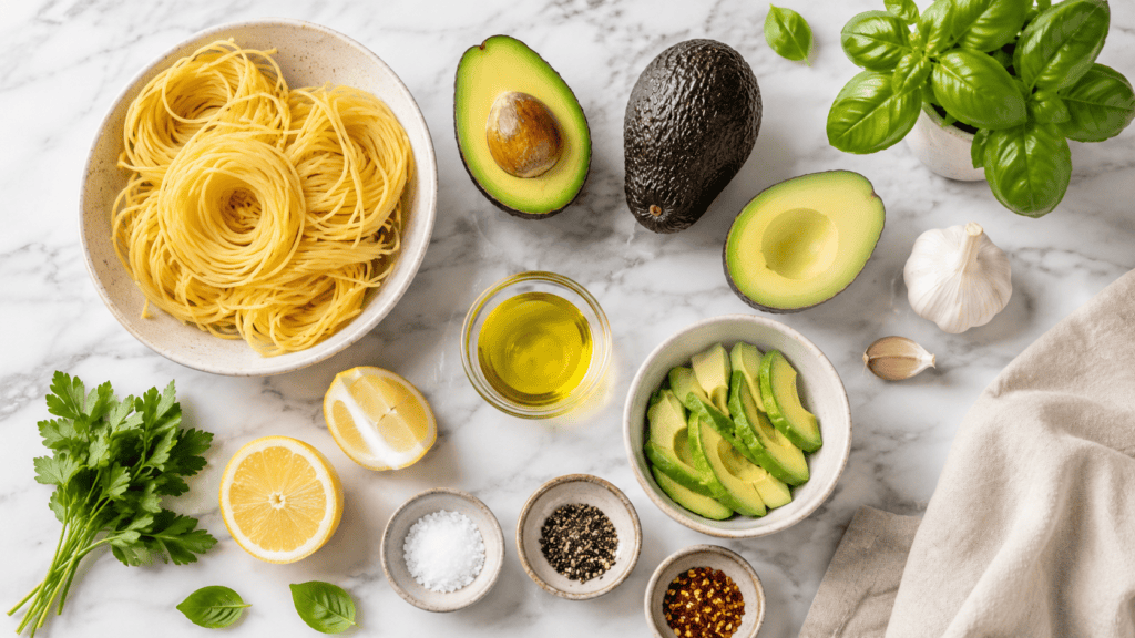 Zutaten für Avocadopastasauce mit Avocado, Zitrone, Knoblauch und Pasta