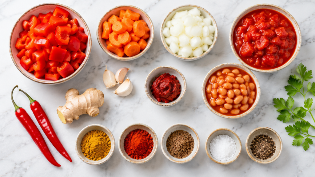 Zutaten für Chakalaka Soße mit Paprika Karotten Tomaten Bohnen und Gewürzen