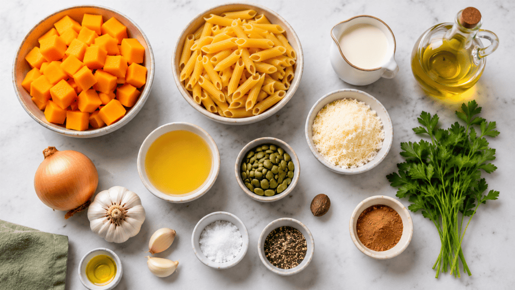 Zutaten für Kürbissauce Pasta mit Kürbis Sahne Pasta und Parmesan