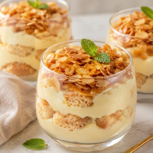 Bienenstich-Dessert mit Löffelbiskuit im Glas
