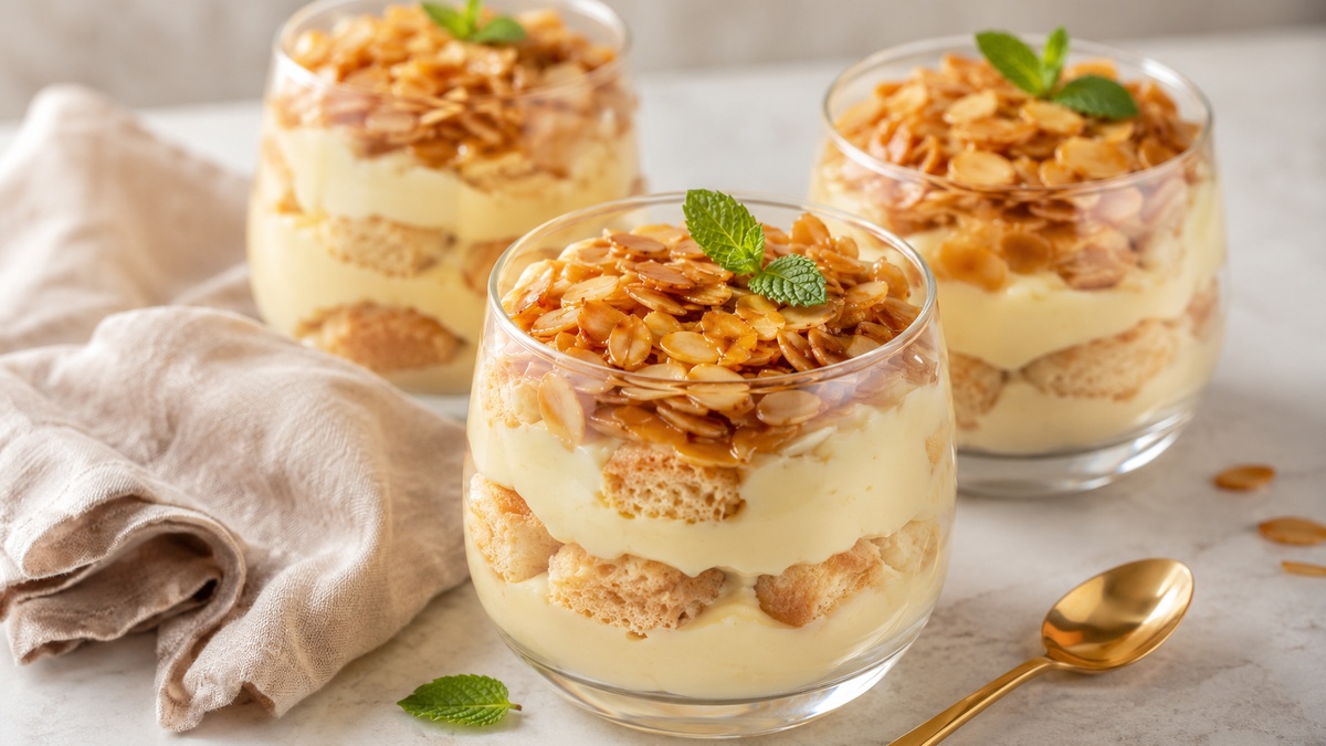 Bienenstich-Dessert mit Löffelbiskuit im Glas