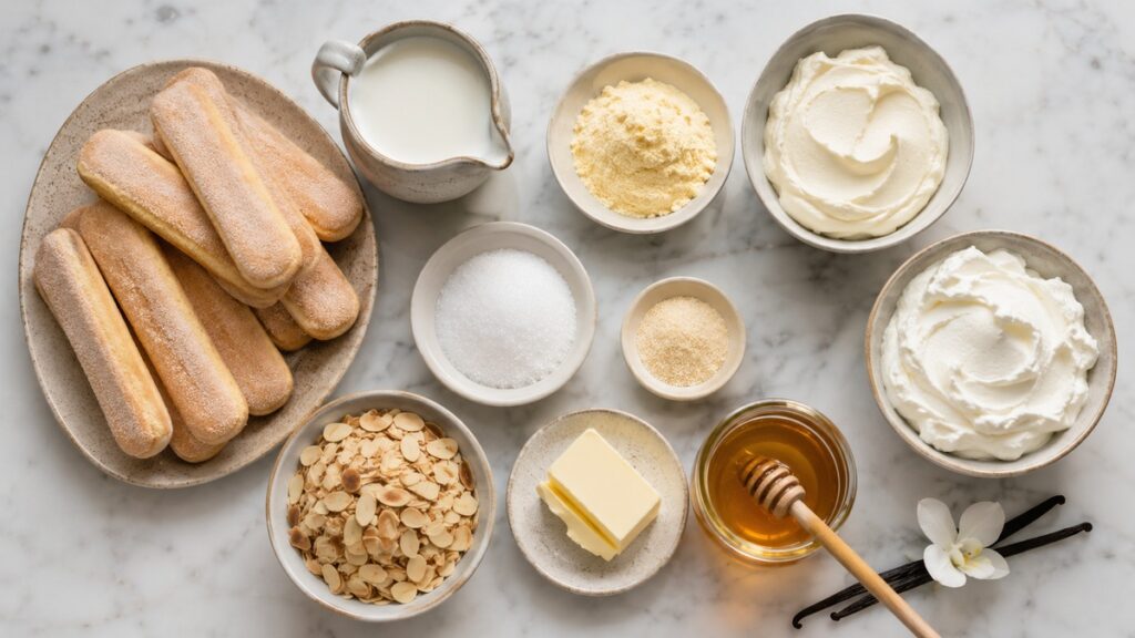 Zutaten für Bienenstich-Dessert mit Löffelbiskuit