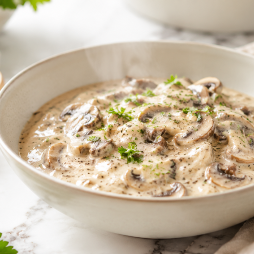Champignon Soße im Thermomix cremig serviert mit frischen Pilzen