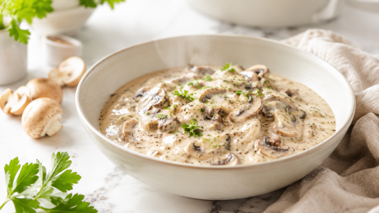 Champignon Soße im Thermomix cremig serviert mit frischen Pilzen