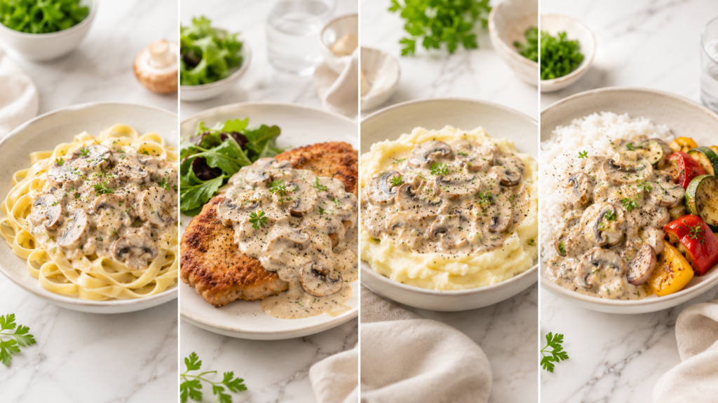 Servierideen für Champignon Soße im Thermomix mit Pasta Fleisch und Kartoffeln