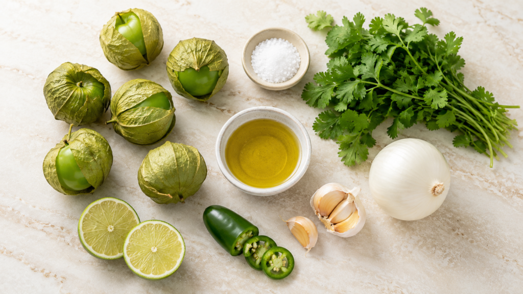 Zutaten für Salsa Verde mit Tomatillos, Chili, Koriander, Knoblauch und Limette